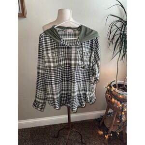 SO Womens Plaid Hooded Shirt Jacket Olive Green White XL